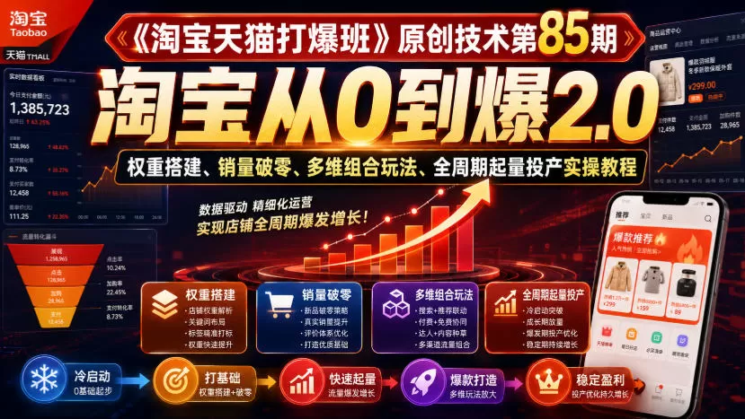 《淘宝天猫打爆班》原创技术第85期，淘宝从0到爆2.0，权重搭建、销量破零、多维组合玩法、全周期起量投产实操教程-鹊桥梦网创