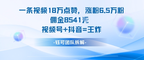一条视频18W点赞，涨粉6.5W粉佣金8541米，视频号+抖音=王炸-鹊桥梦网创