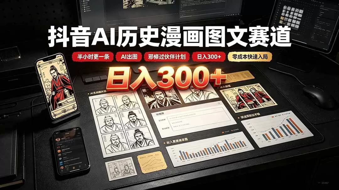 （19498期）抖音AI历史漫画图文赛道：半小时更一条×AI出图×邪修过伙伴计划×日入300+，零成本快速入局