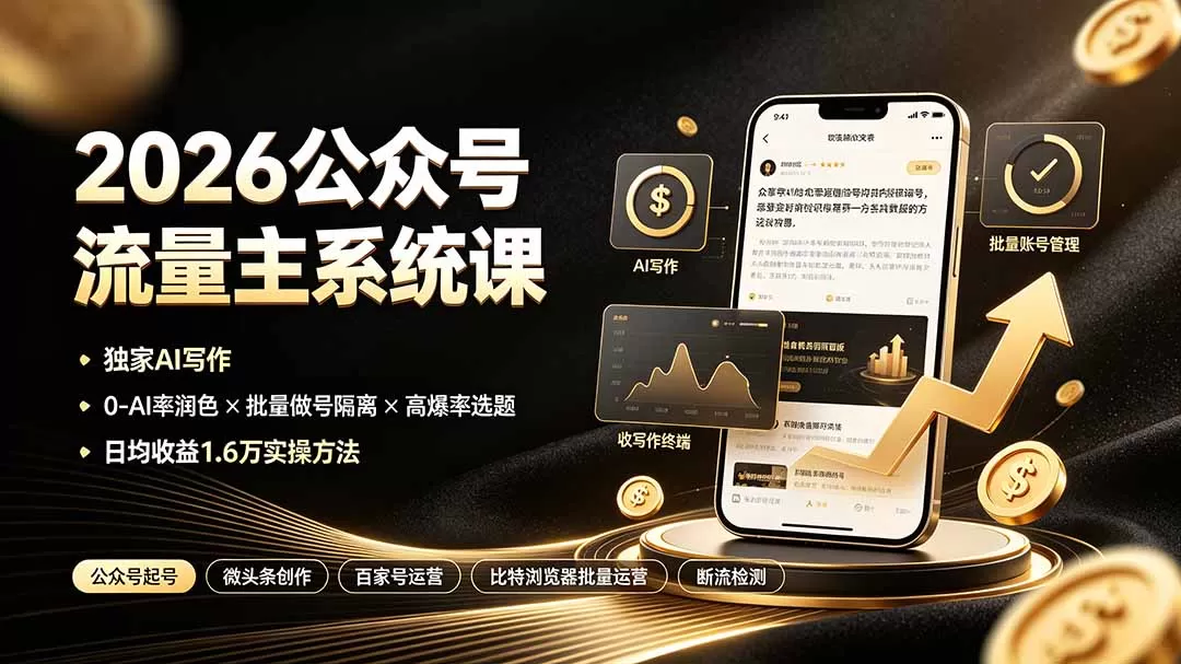 2026公众号流量主系统课:独家AI写作×0-AI率润色×批量做号隔离×高爆率选题,日均收益1.6万实操方法-鹊桥梦网创