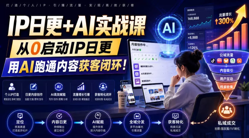 IP日更+AI实战课，从0启动IP日更，IP置顶视频制作+100条选题库搭建+10条日更规划，用AI跑通内容获客闭环!-鹊桥梦网创
