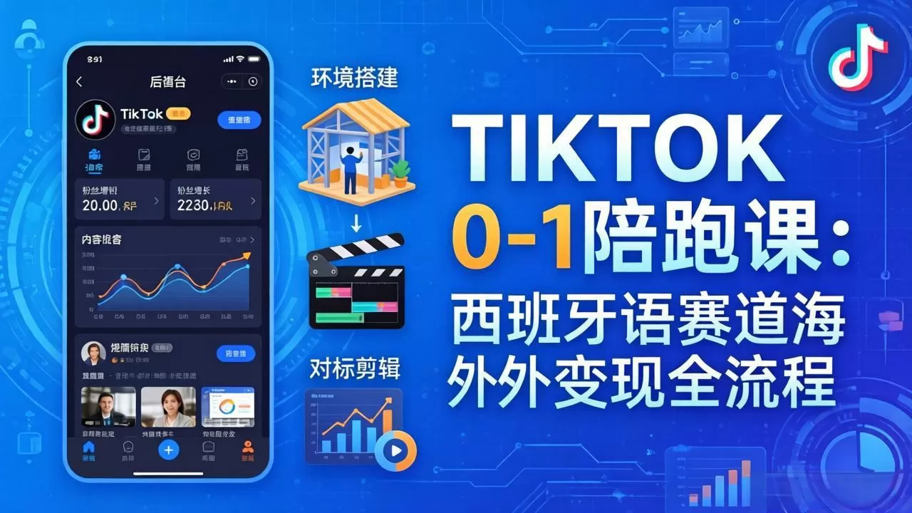 TIKTOK 0-1 陪跑课：从环境搭建到刷对标剪辑，西班牙语赛道海外变现全流程-鹊桥梦网创