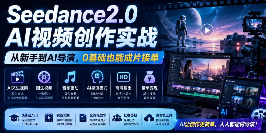 Seedance2.0 AI视频创作实战，从新手到AI导演，0基础也能成片接单变现-鹊桥梦网创