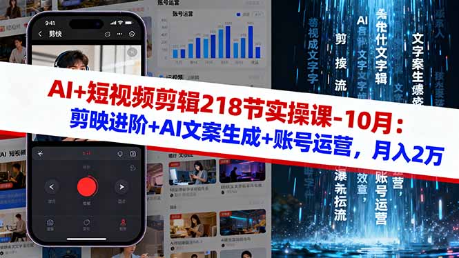 AI+短视频剪辑218节实操课-10月:剪映进阶+AI文案生成+账号运营,月入2万-鹊桥梦网创