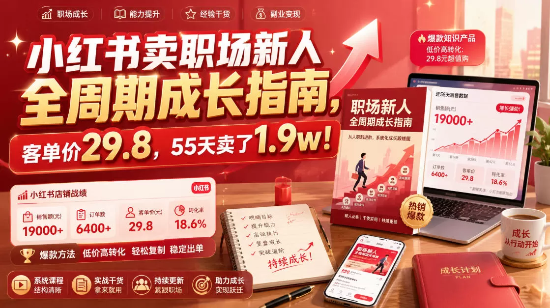小红书卖职场新人全周期成长指南，客单价29.8，55天卖了1.9w！-鹊桥梦网创