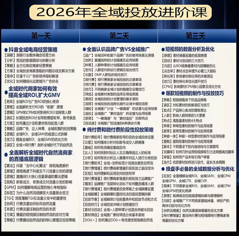 千川扫地僧2026抖音全域投放进阶课,少走弯路·快速起量·掌控增长,6月12-14号杭州线下课