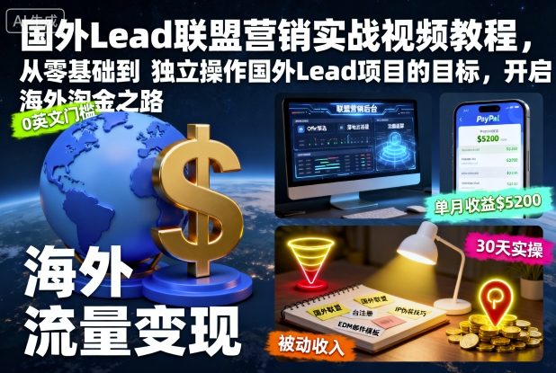 国外Lead联盟营销实战视频教程，从零基础到独立操作国外Lead项目的目标，开启海外淘金之路-鹊桥梦网创