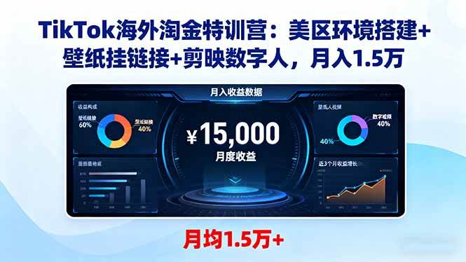 （16346期）TikTok海外淘金特训营：美区环境搭建+壁纸挂链接+剪映数字人，月入1.5万-鹊桥梦网创