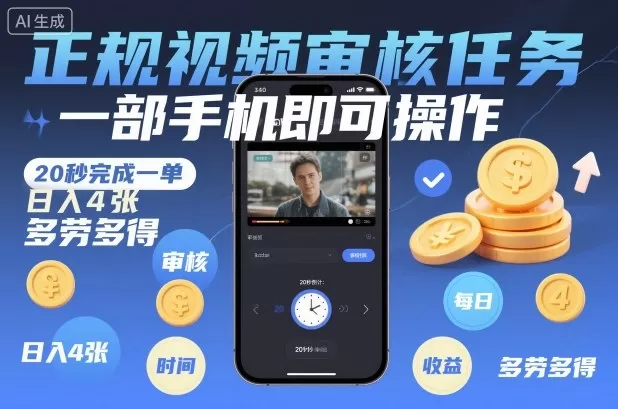 正规视频审核任务,一部手机即可操作,20秒完成一单,日入4张,多劳多得【揭秘】 正规视频审核任务,一部手机即可操作,20秒完成一单,日入4张,多劳多得【揭秘】