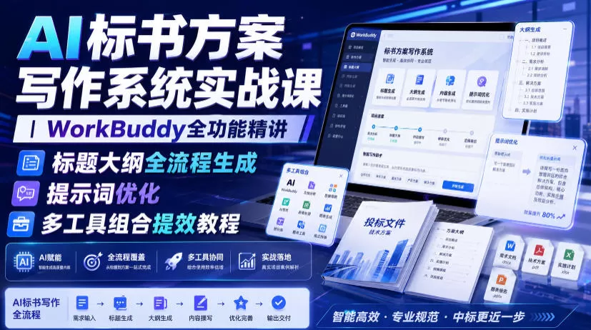 AI标书方案写作系统实战课｜WorkBuddy全功能精讲・标题大纲全流程生成・提示词优化・多工具组合提效教程-鹊桥梦网创