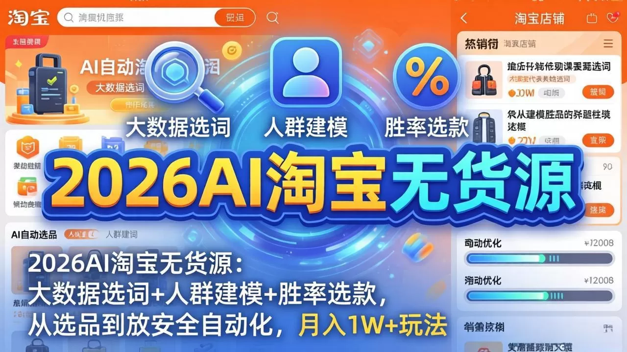 2026AI淘宝无货源:大数据选词+人群建模+胜率选款,从选品到放大全自动化,月入1W+玩法-鹊桥梦网创