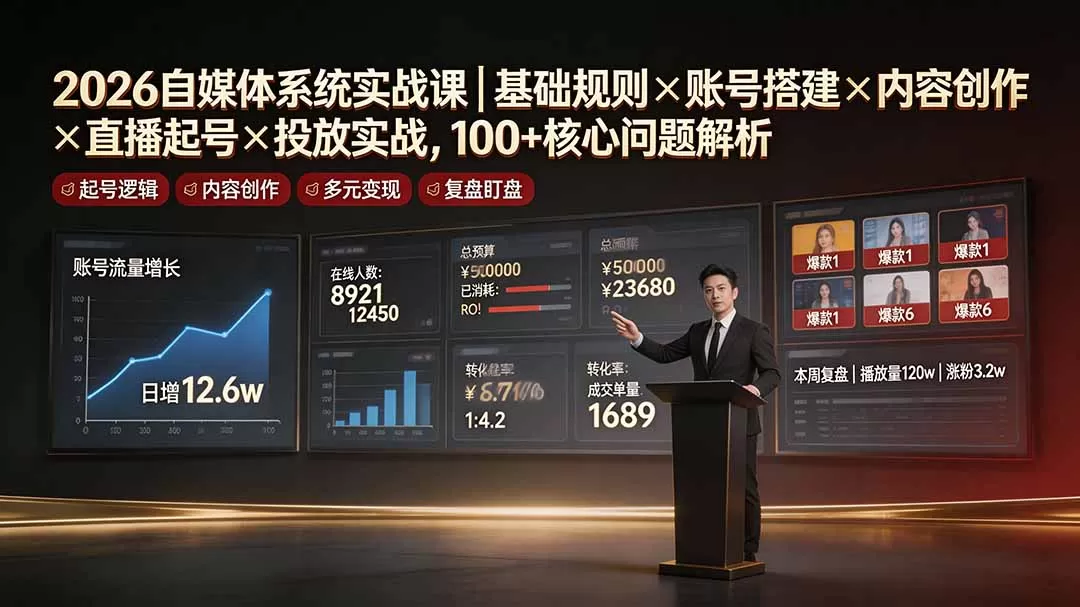 2026自媒体系统实战课|基础规则×账号搭建×内容创作×直播起号×投放实战,100+核心问题解析-鹊桥梦网创