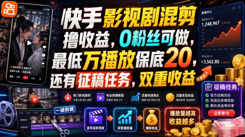 快手影视剧混剪撸收益，0粉丝可做，最低万播放保底20，还有征稿任务，双重收益-鹊桥梦网创