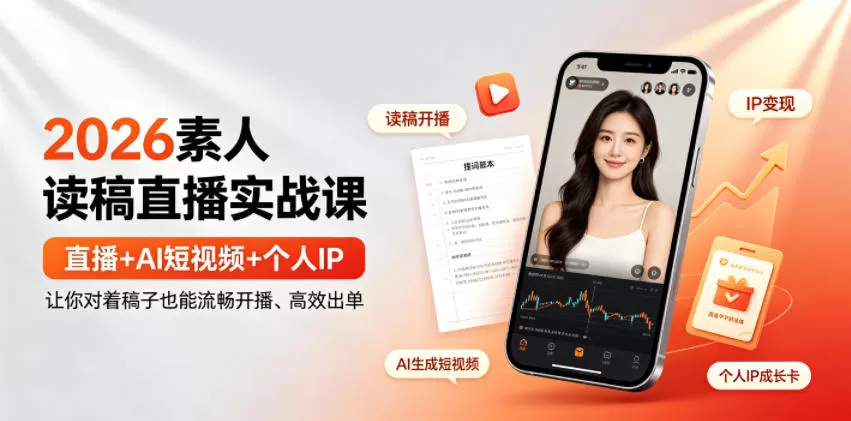 2026素人读稿直播实战课|直播+AI短视频+个人IP,让你对着稿子也能流畅开播、高效出单-鹊桥梦网创