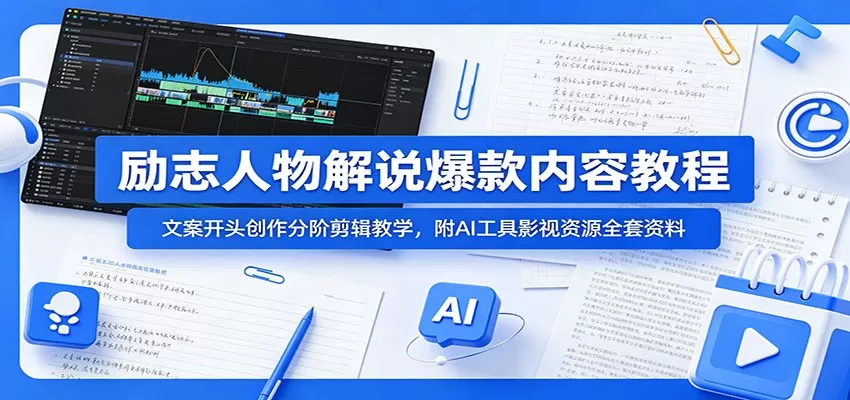 励志人物解说爆款内容教程：文案开头创作分阶剪辑教学，附AI 工具影视资源全套资料-鹊桥梦网创