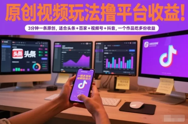 原创视频玩法撸平台收益，3分钟一条原创，适合头条+百家+视频号+抖音，一个作品吃多份收益-鹊桥梦网创