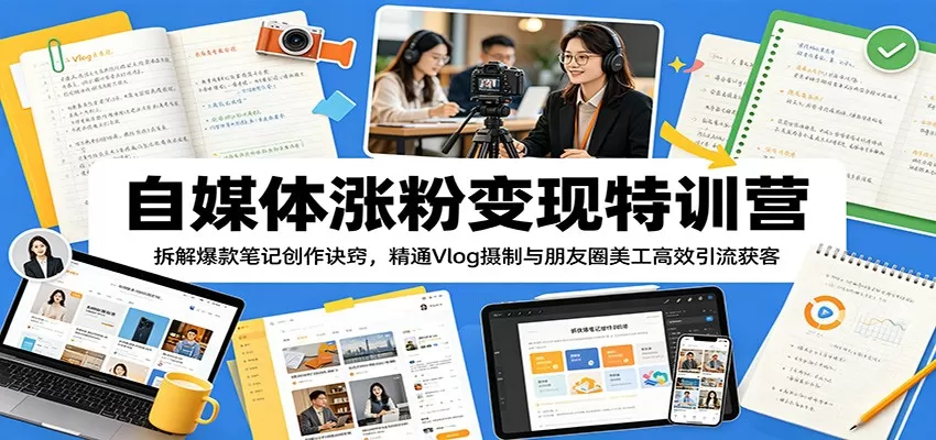 自媒体涨粉变现特训营：拆解爆款笔记创作诀窍，精通Vlog摄制与朋友圈美工高效引流获客-鹊桥梦网创