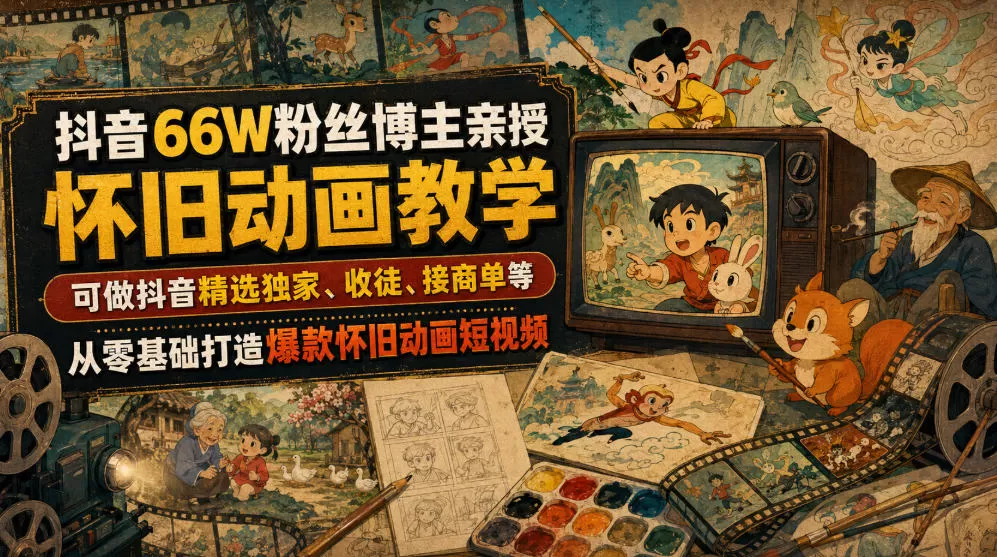 抖音66W粉丝博主亲授怀旧动画教学,可做抖音精选独家、收徒、接商单等,从零基础打造爆款怀旧动画短视频-鹊桥梦网创