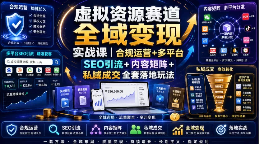 虚拟资源赛道全域变现实战课|合规运营+多平台SEO引流+内容矩阵+私域成交全套落地玩法-鹊桥梦网创