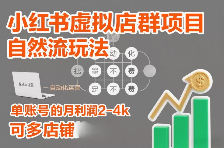 小红书虚拟店群项目，自然流玩法，批量自动化，稳定不费号，单账号的月利润2-4k，可多店矩阵-鹊桥梦网创