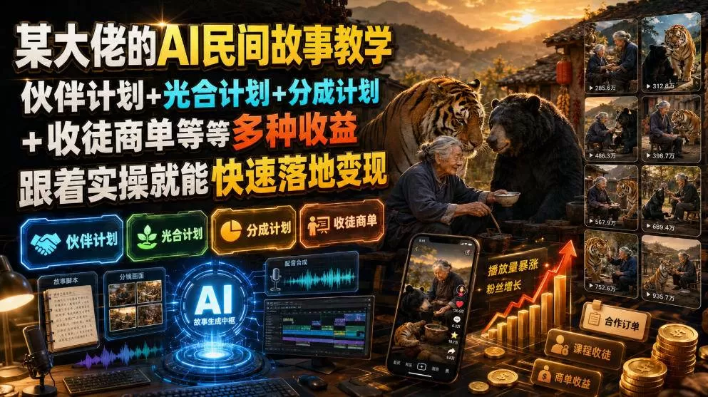 (19360期)某大佬的AI民间故事教学,伙伴计划+光合计划+分成计划+收徒商单等多种收益,跟着实操就能快速落地变现-鹊桥梦网创