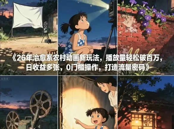 26年治愈系农村动画新玩法，播放量轻松破百万，日收益多张，0门槛操作，打造流量密码-鹊桥梦网创
