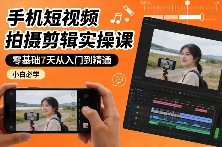 手机短视频拍摄剪辑实操课，零基础7天从入门到精通，小白必学-鹊桥梦网创