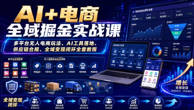 AI+电商全域掘金实战课｜多平台无人电商玩法、AI工具落地、供应链合规、全域变现闭环全套教程-鹊桥梦网创
