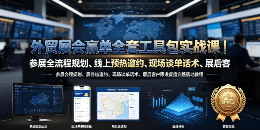 外贸展会赢单全套工具包实战课|参展全流程规划、线上预热邀约、现场谈单话术、展后客户跟进复盘完整落地教程-鹊桥梦网创