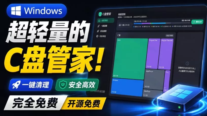 Windows超轻量的C盘管家!超级有特点,支持磁盘分析及清理提醒,2M大小体积,完全免费C盘管家 Windows超轻量的C盘管家!超级有特点,支持磁盘分析及清理提醒,2M大小体积,完全免费C盘管家