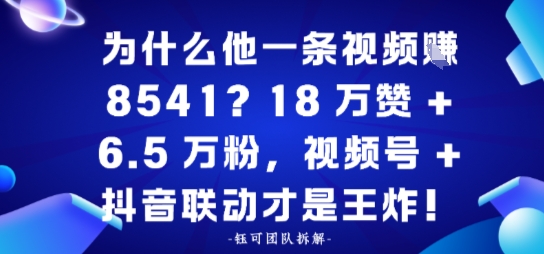 为什么他一条视频賺8541?18万赞+6.5 W粉,视频号+抖音联动才是王炸!-鹊桥梦网创