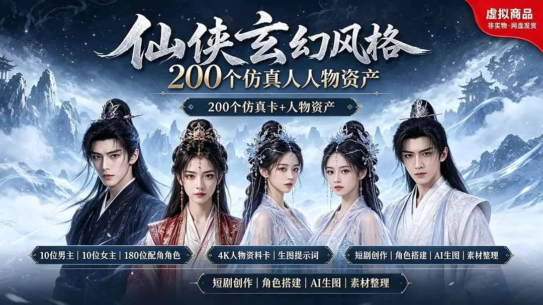 200个仙侠玄幻仿真人素材◆10男主×10女主×180配角,4K资料卡+AI生图提示词,漫剧必备-鹊桥梦网创
