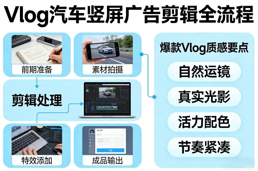 Vlog感觉汽车竖屏广告剪辑脚本全流程，拿捏爆款Vlog质感-鹊桥梦网创