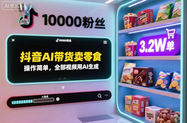 抖音AI带货卖零食，操作简单，全部视频用AI生成，一万粉丝，卖了3.2W单-鹊桥梦网创