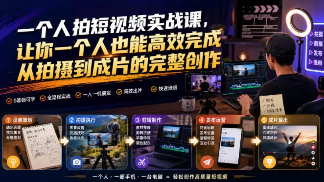 一个人拍短视频实战课,让你一个人也能高效完成从拍摄到成片的完整创作-鹊桥梦网创