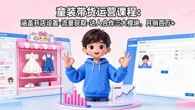 （16081期）童装带货运营课程：涵盖开店设置-流量获取-达人合作三大模块，月销百万+-鹊桥梦网创