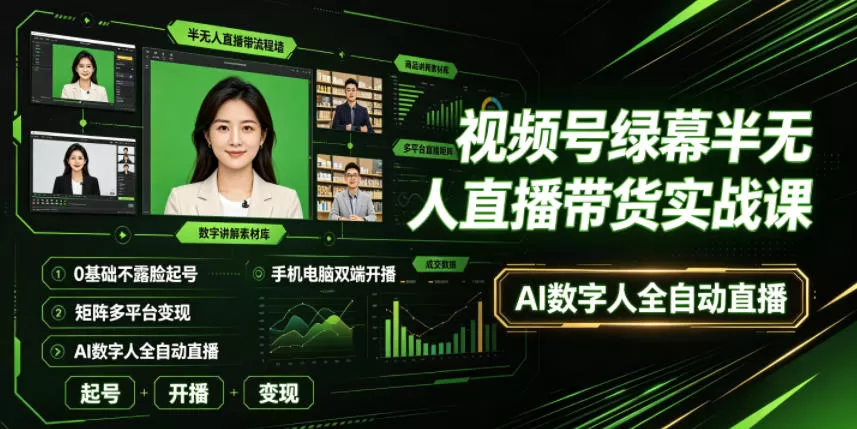 视频号绿幕半无人直播带货实战课|0基础不露脸起号、手机电脑双端开播、矩阵多平台变现、AI数字人全自动直播-鹊桥梦网创