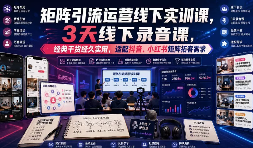 嗨推矩阵引流运营线下实训课，3天线下录音课，经典干货经久实用，适配抖音、小红书矩阵拓客需求-鹊桥梦网创