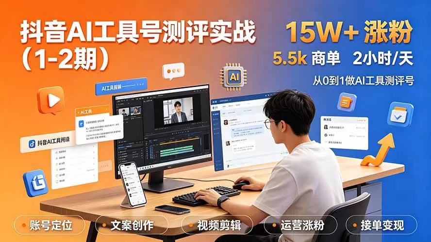 (19380期)抖音AI工具号测评实战(1-2期):单号涨粉15W+×商单5.5k×伙伴计划×普通人可复制,每天2小时长期可持续-鹊桥梦网创