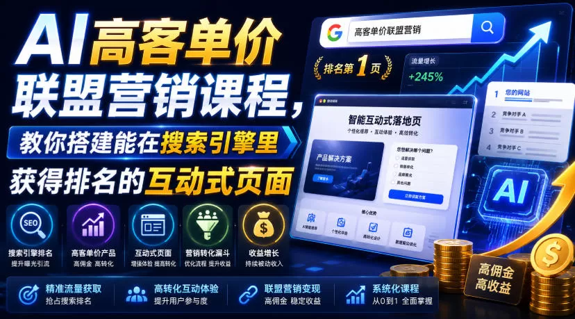 AI高客单价联盟营销课程,教你搭建能在搜索引擎里获得排名的互动式页面,引来流量,把访客转化为高佣金的成交【原创双语字幕】-鹊桥梦网创