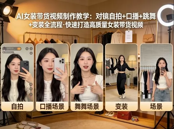 AI女装带货视频制作教学，对镜自拍、口播、跳舞、变装全流程，快速打造高质量女装带货视频