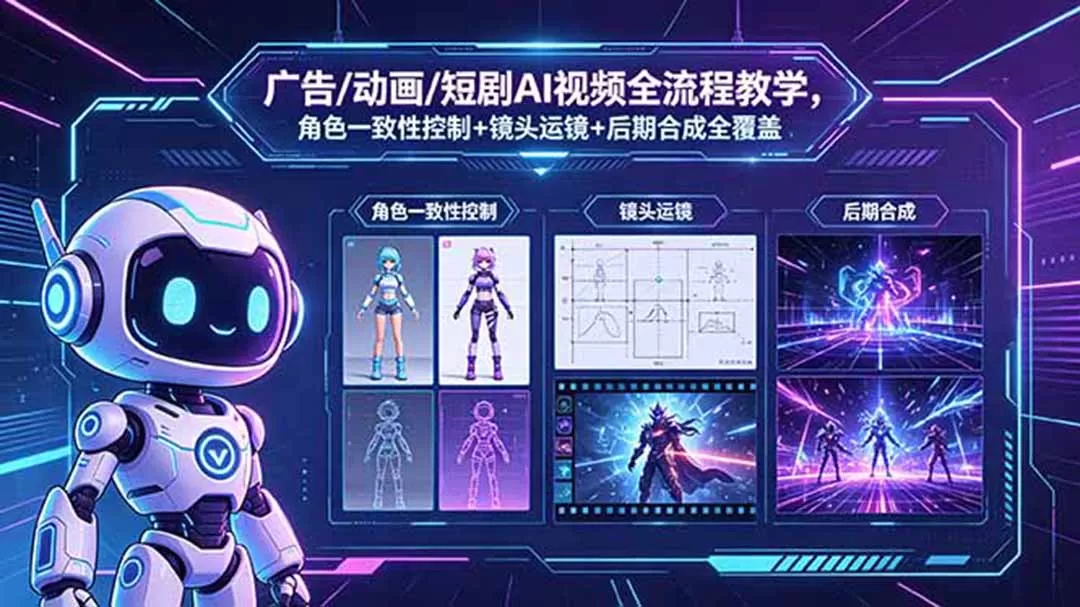 广告/动画/短剧AI视频全流程教学，角色一致性控制+镜头运镜+后期合成全覆盖-鹊桥梦网创