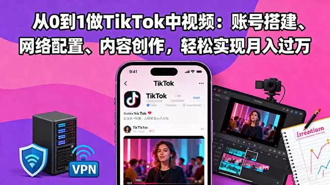 从0到1做TikTok中视频:账号搭建、网络配置、内容创作,轻松实现月入过万-鹊桥梦网创