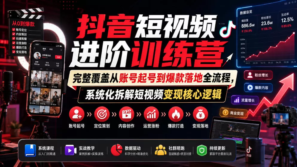 抖音短视频进阶训练营,完整覆盖从账号起号到爆款落地全流程,系统化拆解短视频变现核心逻辑-鹊桥梦网创
