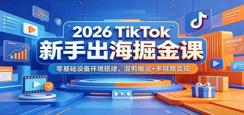 2026 TikTok新手出海掘金课:零基础设备环境搭建,混剪搬运+多链路变现-鹊桥梦网创