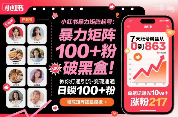 小红书暴力矩阵起号，教你打通引流-变现速通，日锁100+粉，破流量黑盒-鹊桥梦网创