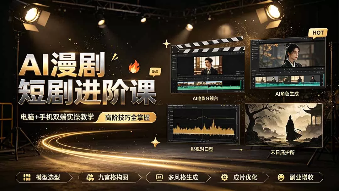 AI漫剧短剧进阶课|电脑+手机双端实操教学|影视剧对口型人物吃瓜×解压末日庇护所全程讲解,高阶技巧全掌握-鹊桥梦网创