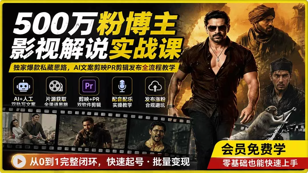 500万粉博主影视解说实战课｜独家爆款私藏思路，AI文案剪映PR剪辑发布全流程教学-鹊桥梦网创