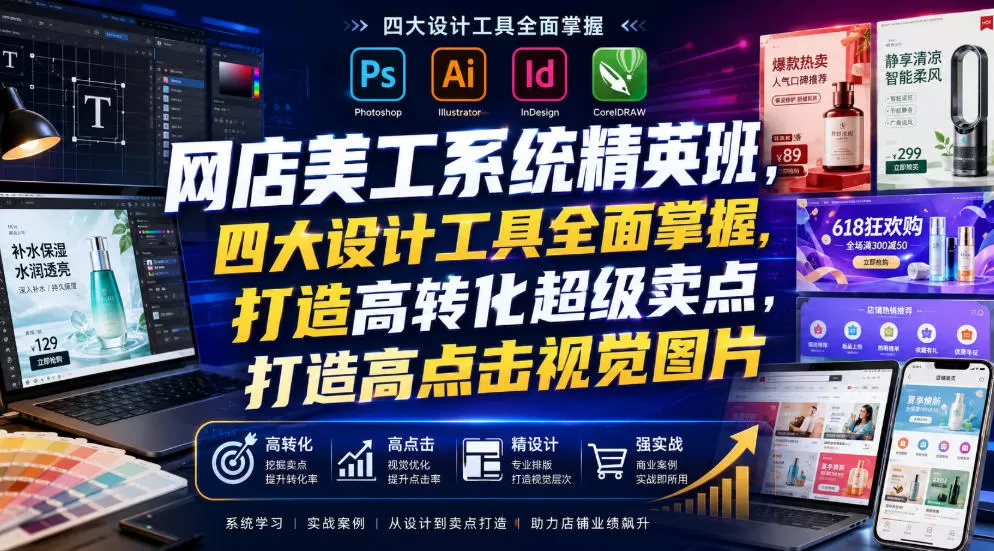 网店美工系统精英班,四大设计工具全面掌握,打造高转化超级卖点,打造高点击视觉图片(2026年7月)-鹊桥梦网创
