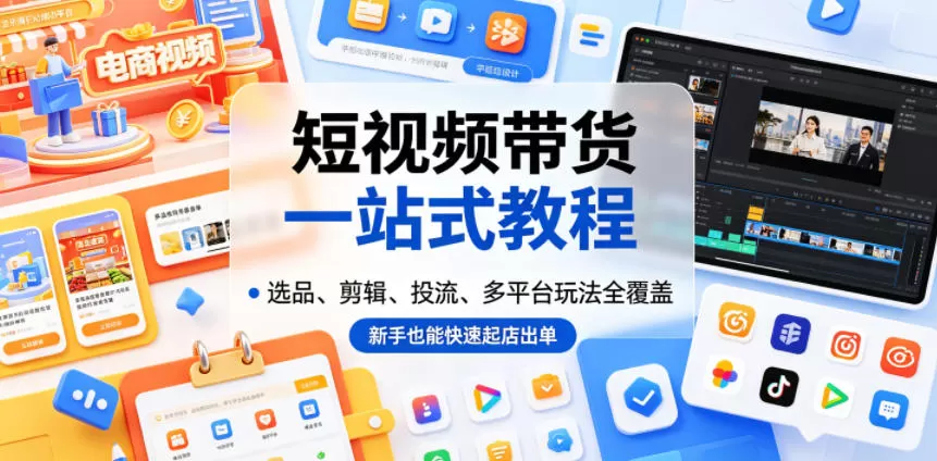短视频带货一站式教程,选品、剪辑、投流、多平台玩法全覆盖,新手也能快速起店出单-鹊桥梦网创